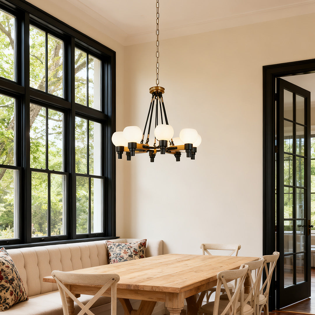 8-Light Bean Globe Chandelier — Black Metal, Transparent Glass, 29.9" Diameter, Hardwired
