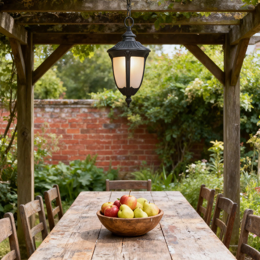 Black Aluminum Outdoor Porch Pendant Light — Glass Shade, 9W, IP44, 80cm Adjustable Chain