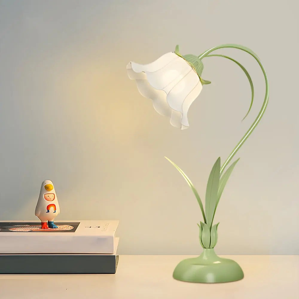 Rustic Green Desk Lamp Featuring a White Floral Shade and 3-Step Dimming for Your Home Office Luxe