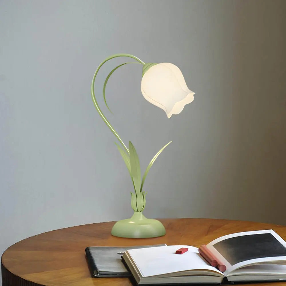 Rustic Green Desk Lamp Featuring a White Floral Shade and 3-Step Dimming for Your Home Office Luxe