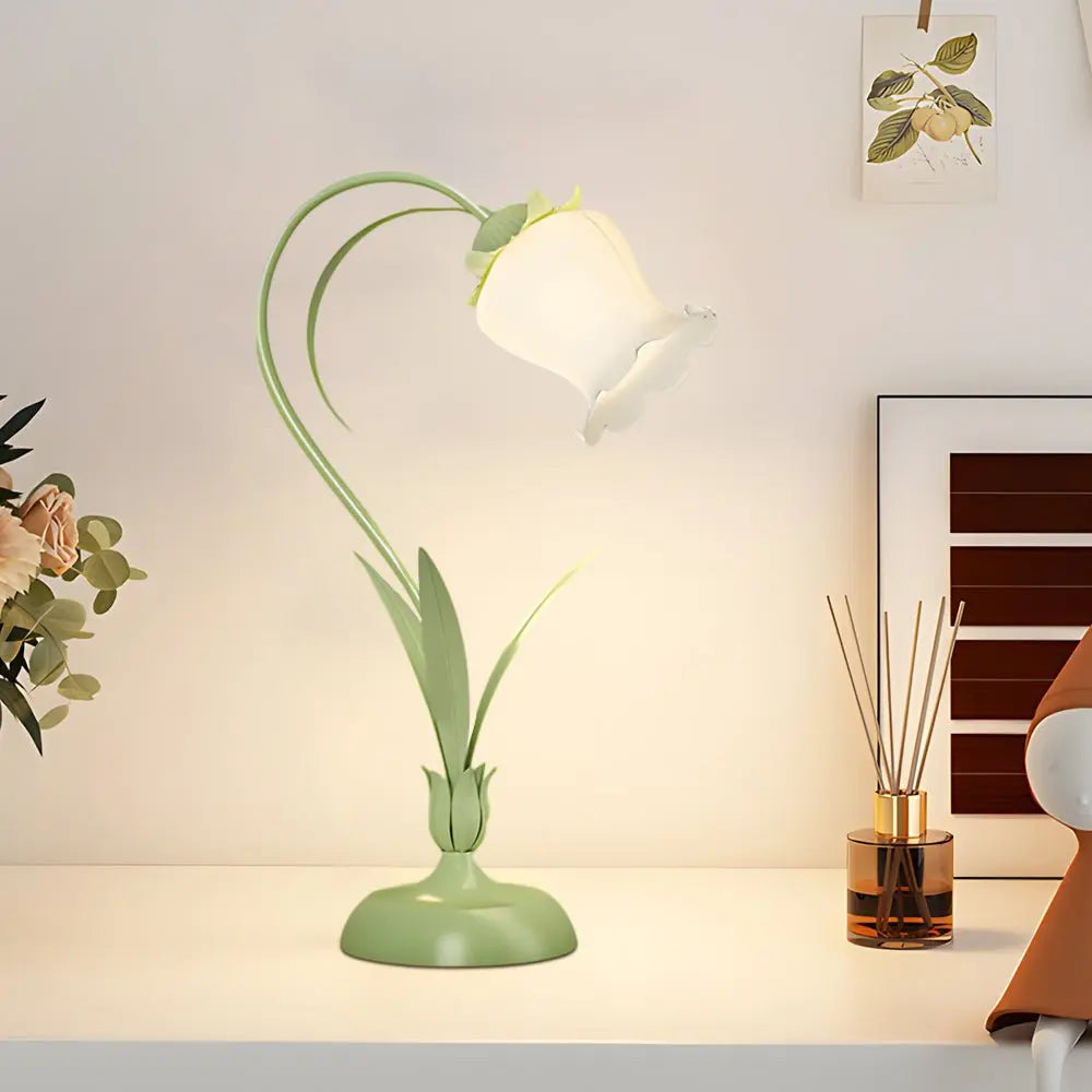 Rustic Green Desk Lamp Featuring a White Floral Shade and 3-Step Dimming for Your Home Office Luxe