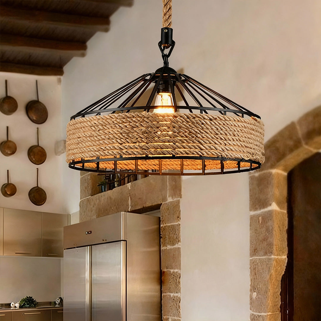 Circular Iron and Hemp Rope Pendant Light — Black, E27, 4W Warm, Adjustable 1.5m Suspension