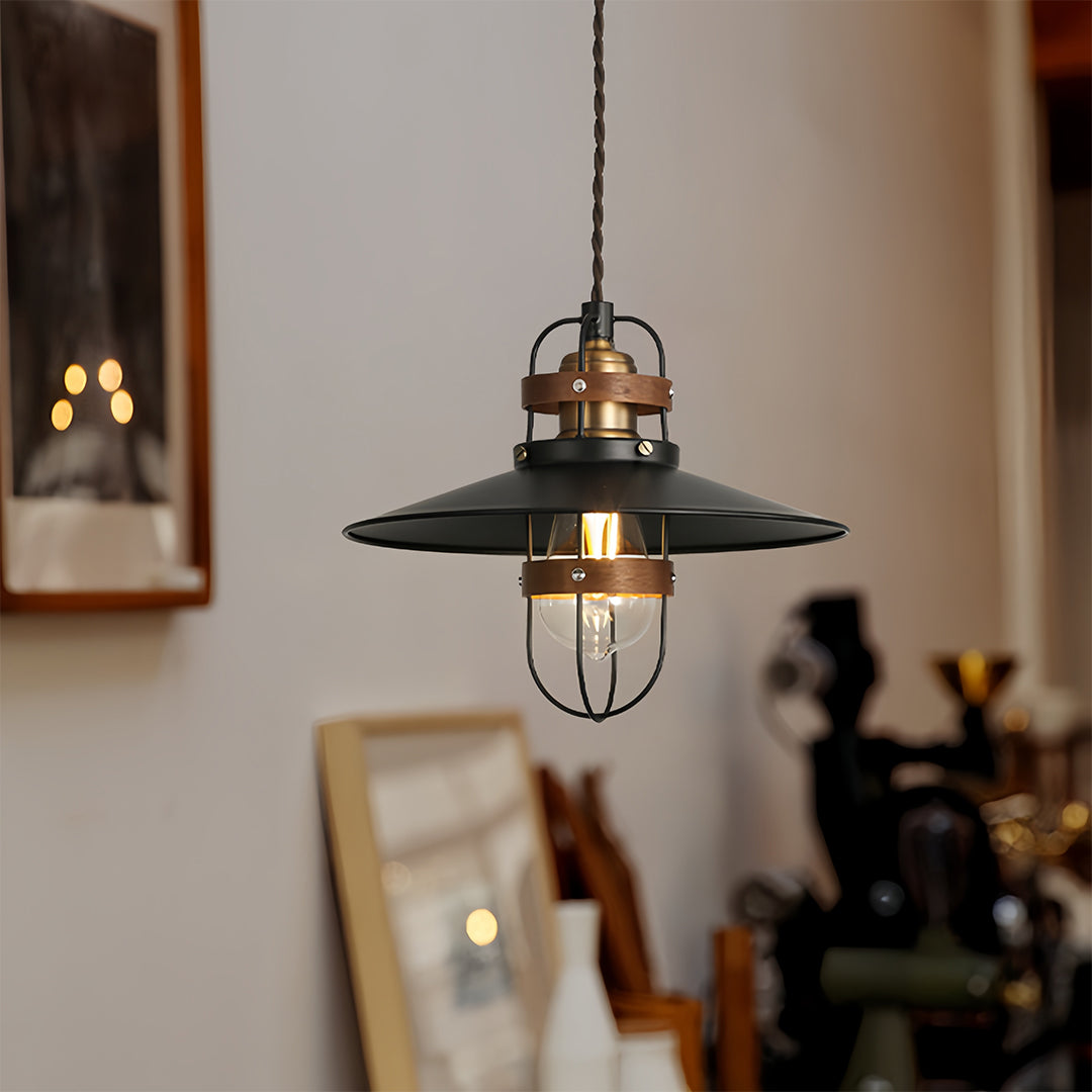 Industrial Vintage Mini Pendant — Black Iron and Walnut Wood, E27, Adjustable 1.8m Chain