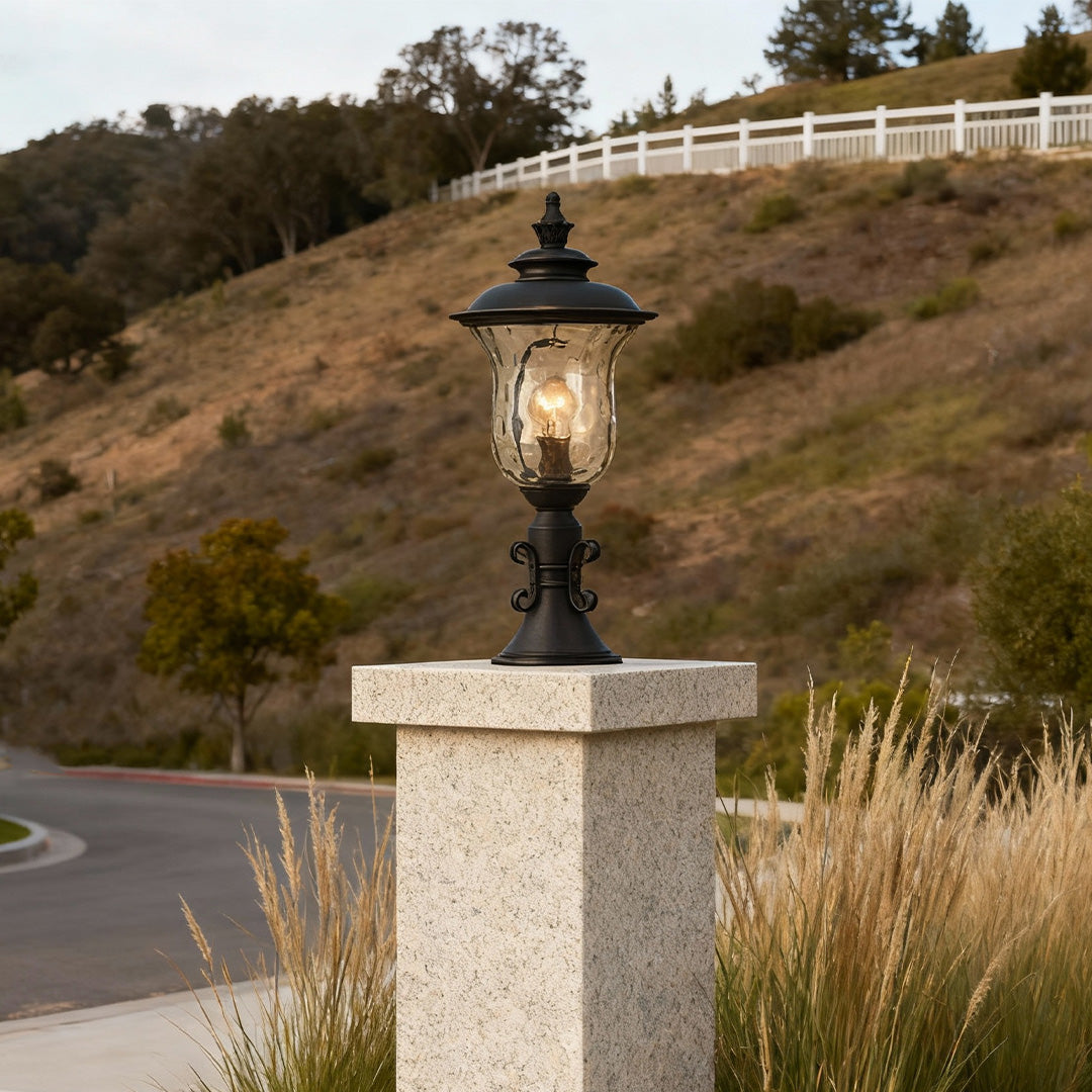 Classic Column Outdoor Pillar Gate Light — Sand-Black Aluminum, Clear Glass, 12W, IP44 Weatherproof
