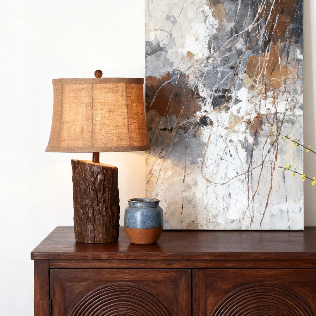 Bark-Textured Fabric Shade Faux Wood Table Lamp for Nightstands Luxe
