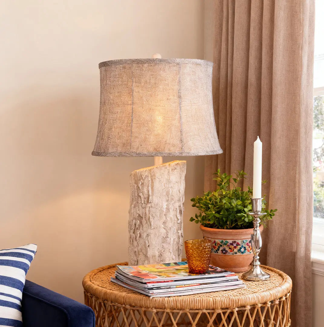 Ambient Lamp with White Wood Base and Realistic Bark Fabric Shade Luxe