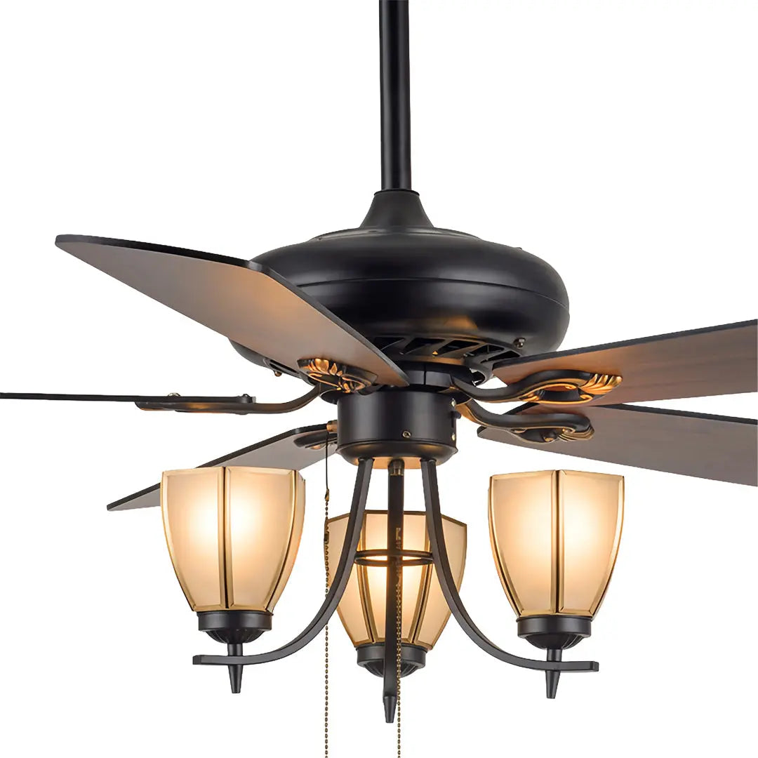 Vintage-Inspired Ceiling Fan with Lights - Dark Wood Grain Lamp Luxe