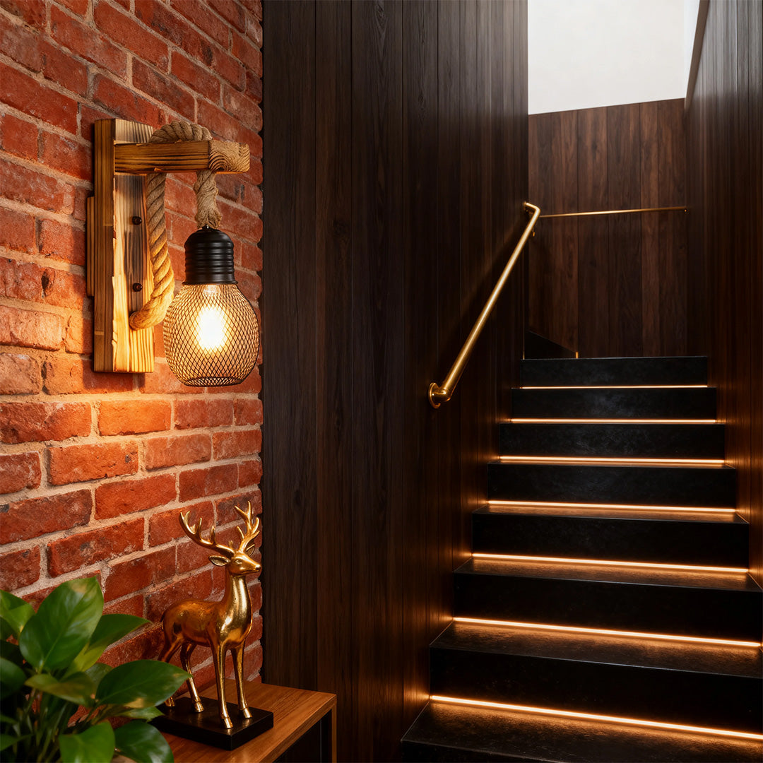 Rustic Iron Mesh Wall Sconce — Jute Rope and Wood Accents, 4W LED E27, Hardwired, Warm White 3000K