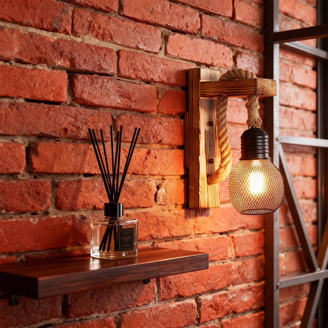 Rustic Iron Mesh Wall Sconce — Jute Rope and Wood Accents, 4W LED E27, Hardwired, Warm White 3000K