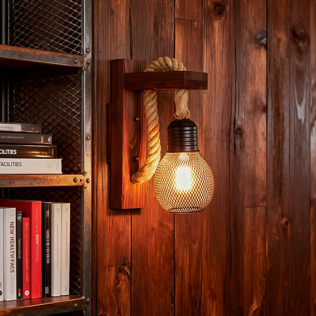 Rustic Iron Mesh Wall Sconce — Jute Rope and Wood Accents, 4W LED E27, Hardwired, Warm White 3000K