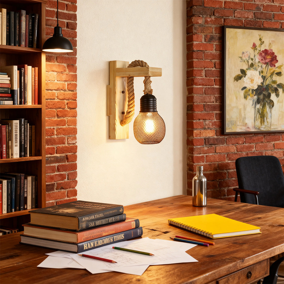 Rustic Iron Mesh Wall Sconce — Jute Rope and Wood Accents, 4W LED E27, Hardwired, Warm White 3000K