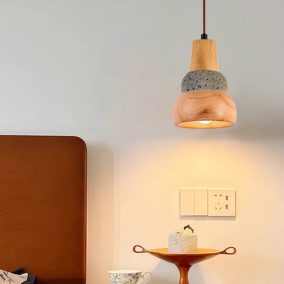 Wabi-Sabi Pendant Light — Micro-Cement and Wood, 1-Light, E27, 70.9" Adjustable Cord