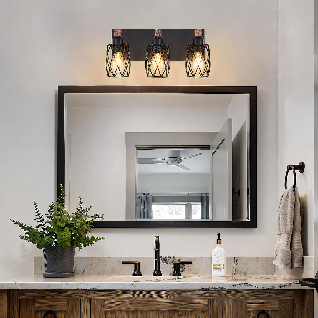 Metal Cage Bathroom Vanity Light — Black Finish, Walnut Wood, 3-to-7-Light, E26