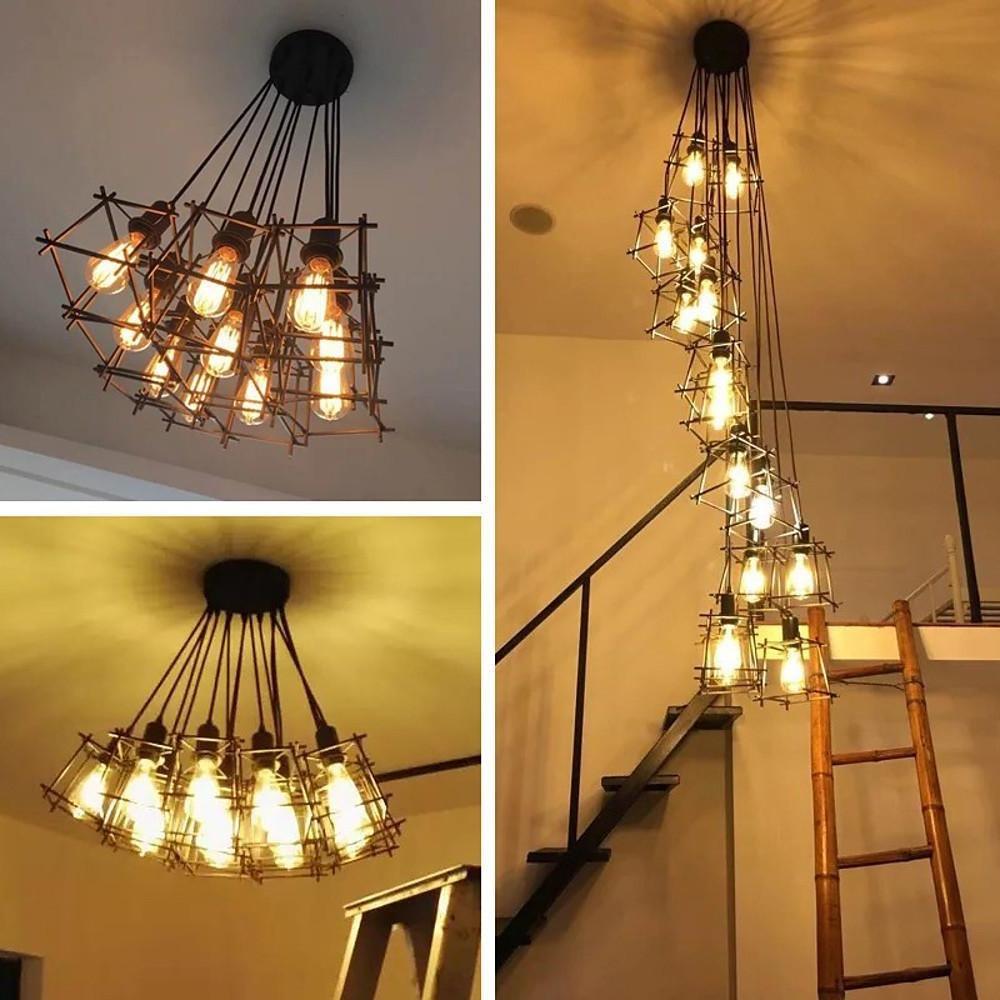 Industrial Cage Chandelier — Black Metal, Vintage Lantern, 1-Light, E26/E27, Adjustable Height