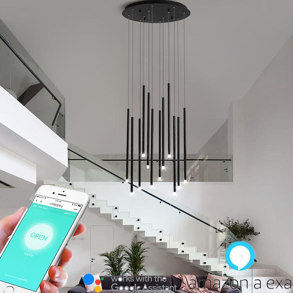 Linear Cluster Cylindrical Pendant Chandelier — Metal & PVC, LED, 24" Diameter, Adjustable Cord
