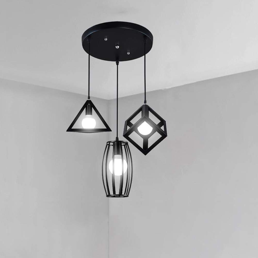 Geometric Multi-Light Pendant — Black Metal, Industrial Retro, Adjustable 59" Cord