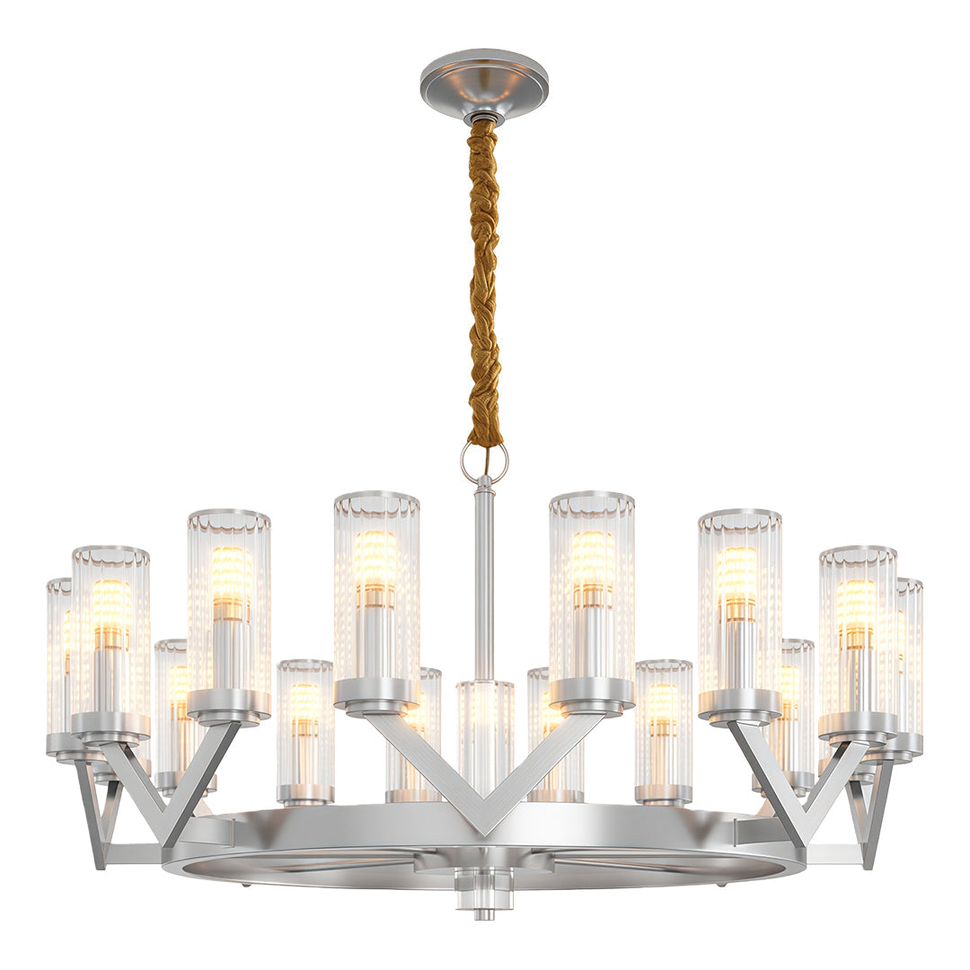 Glass Drop Chandelier — Full-Brass Frame, Transparent Glass, E14, Available in Copper, Nickel, or Black