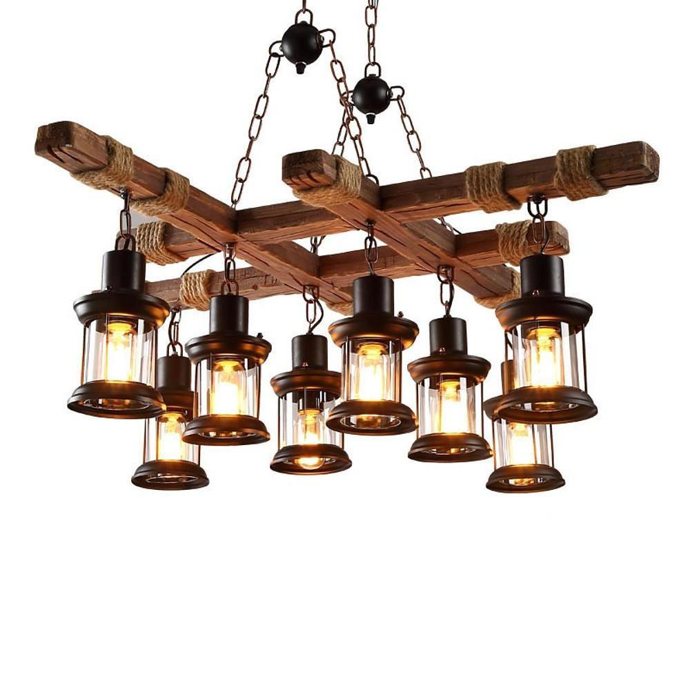 Vintage Farmhouse Geometric Chandelier — Wood and Glass, 39" Adjustable Cord, LED-Compatible