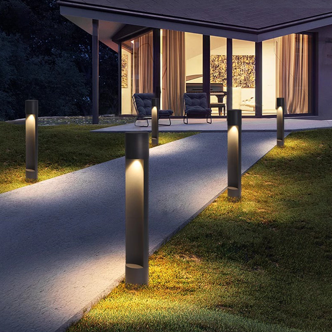 Minimalist Cylindrical Bollard Path Light — Black Die-Cast Aluminum, 12W LED, 3000K, IP65 Weatherproof, 23.5"