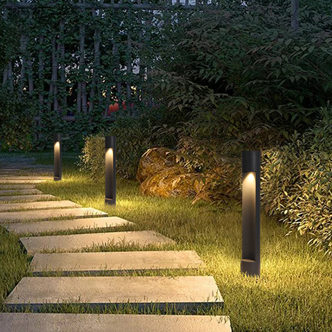 Minimalist Cylindrical Bollard Path Light — Black Die-Cast Aluminum, 12W LED, 3000K, IP65 Weatherproof, 23.5"