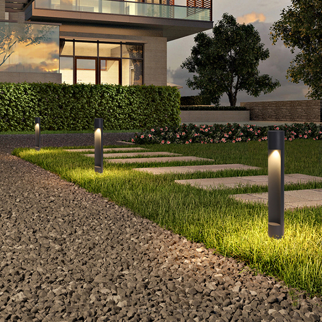 Minimalist Cylindrical Bollard Path Light — Black Die-Cast Aluminum, 12W LED, 3000K, IP65 Weatherproof, 23.5"
