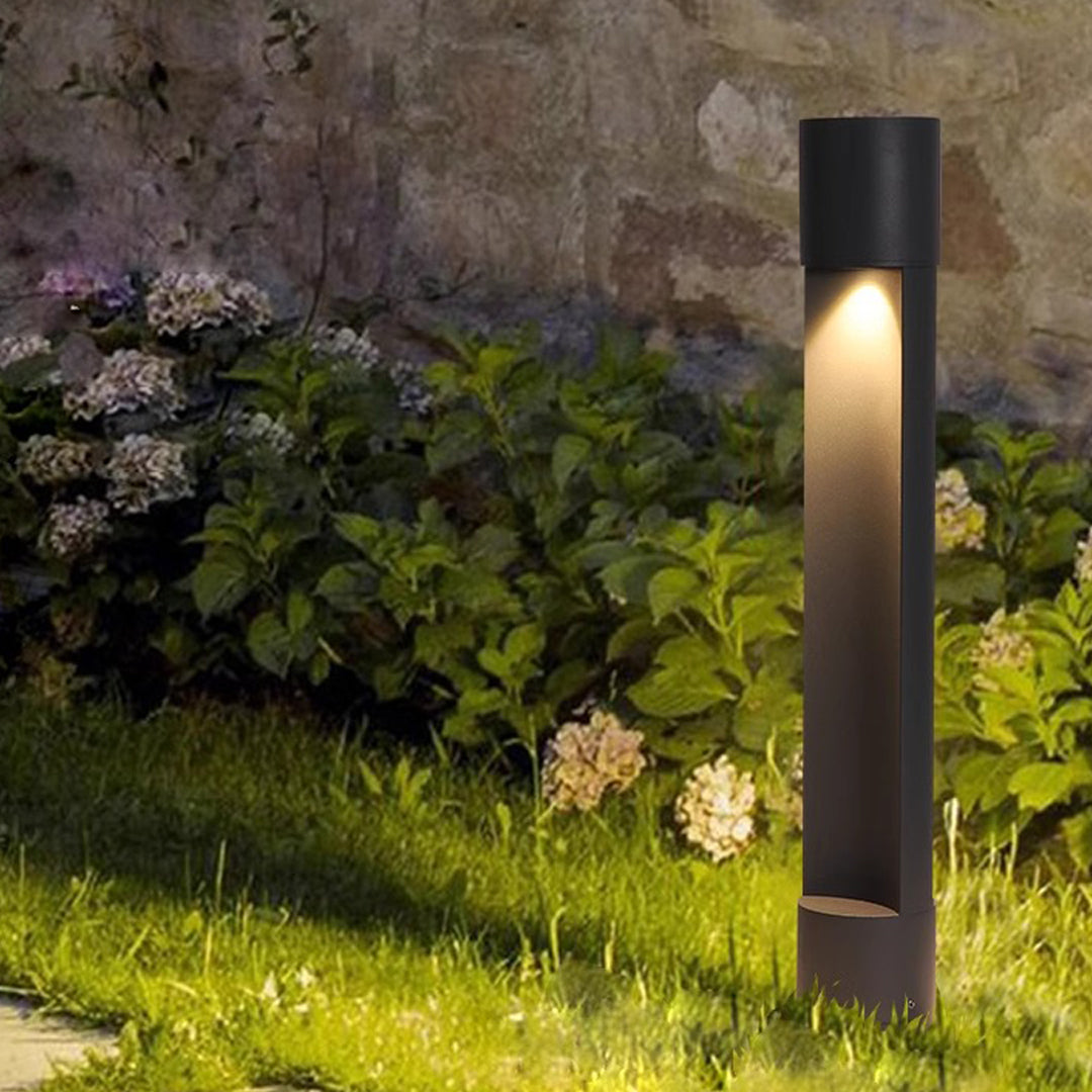 Minimalist Cylindrical Bollard Path Light — Black Die-Cast Aluminum, 12W LED, 3000K, IP65 Weatherproof, 23.5"