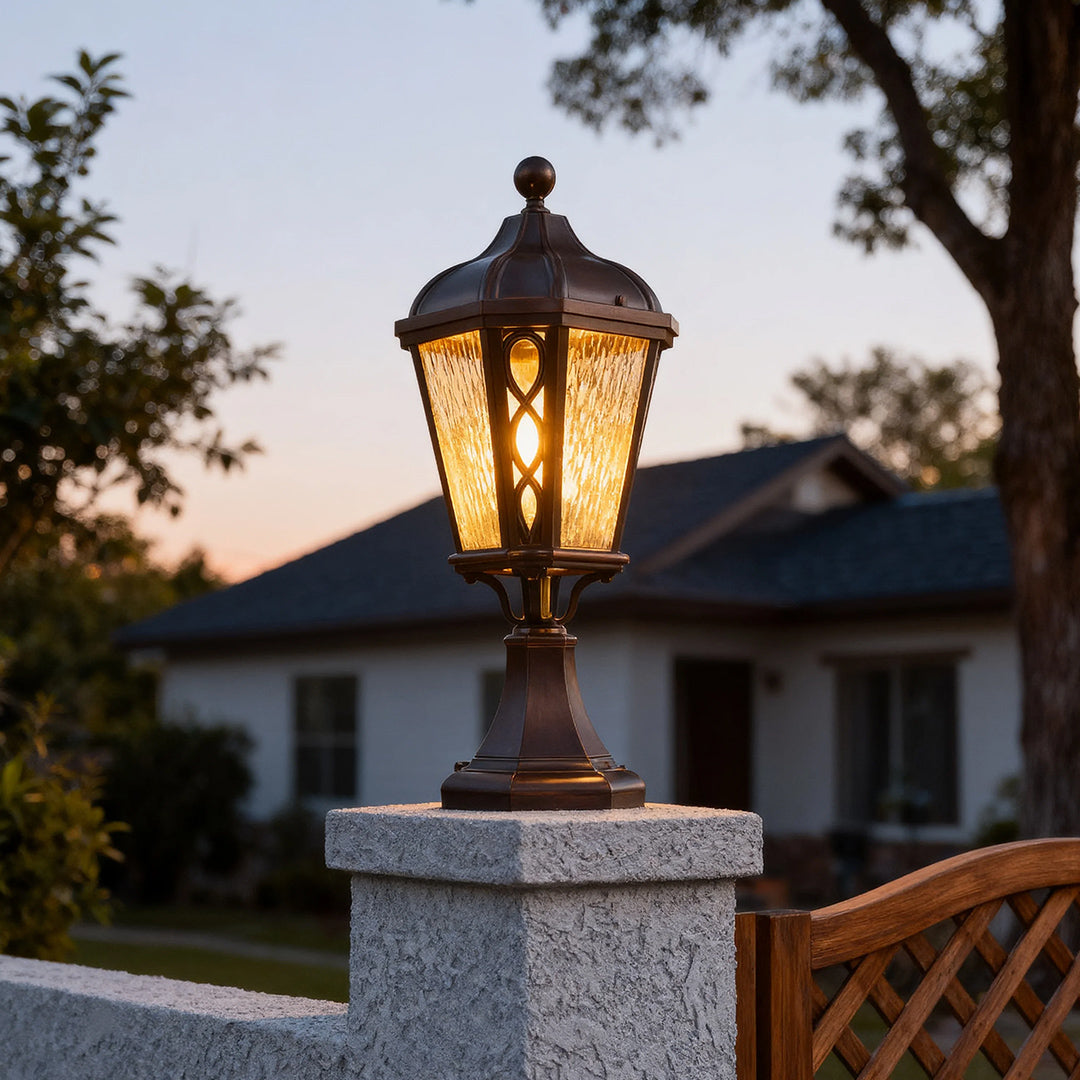 Vintage Column Outdoor Post Light — Sand-Black Aluminum, Glass Shade, 12W E26, IP44, 3000K