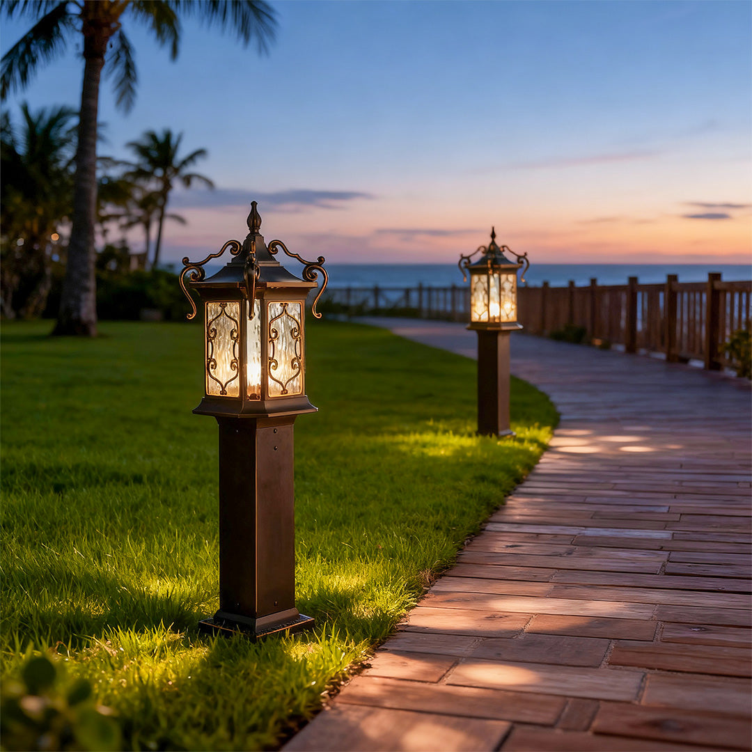 Vintage Outdoor Landscape Post Light — Coffee Aluminum with Glass Shade, E27, IP65, Two Sizes