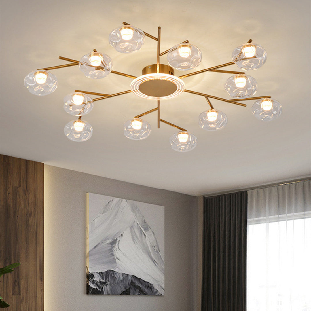 Branching Round Semi-Flush Mount — Wrought Iron and Glass, 8-Light 63W or 12-Light 91W, Three-Color Dimming, Ra≥97