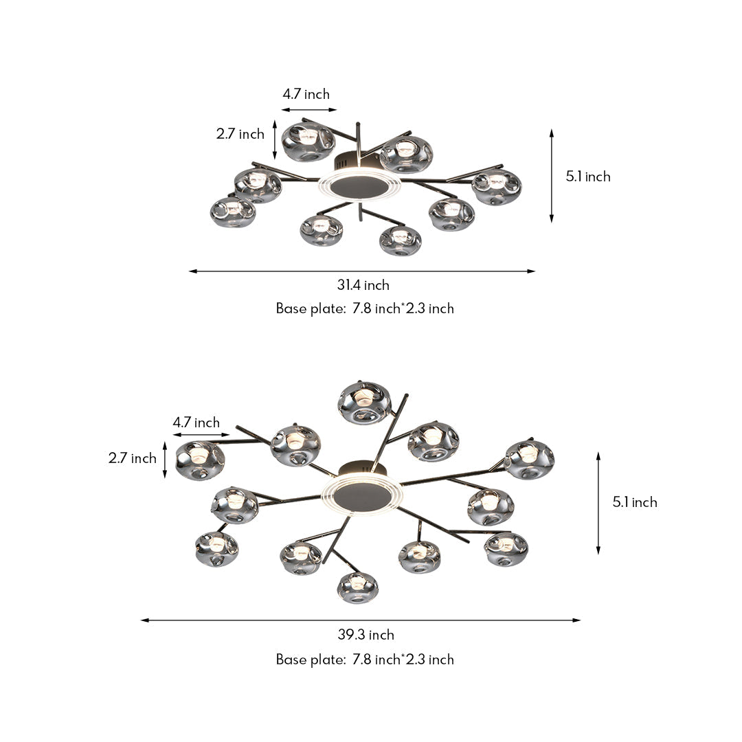 Branching Round Semi-Flush Mount — Wrought Iron and Glass, 8-Light 63W or 12-Light 91W, Three-Color Dimming, Ra≥97