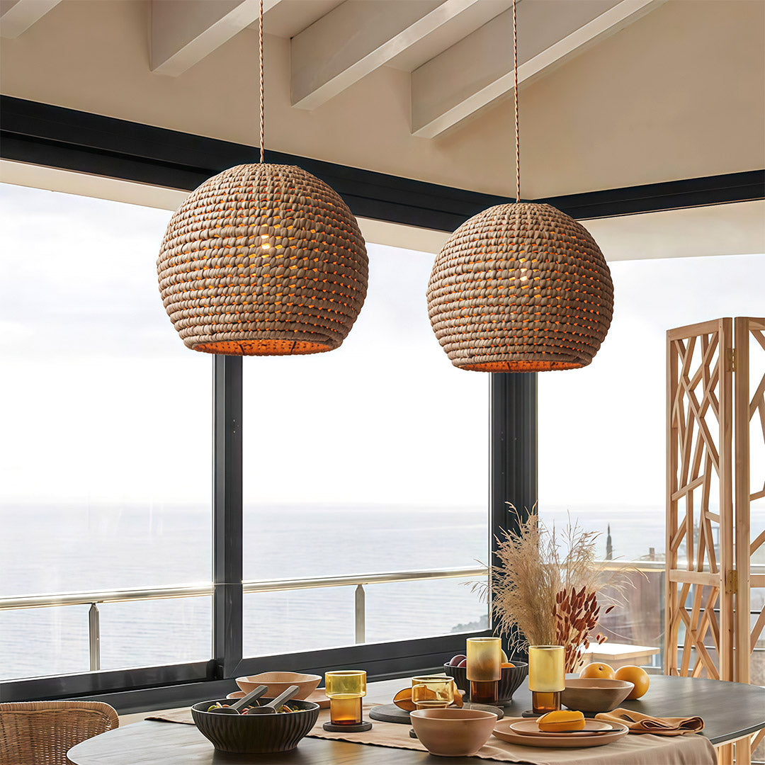Zen Japanese Paper Pendant — Natural Raffia Shade, Iron Frame, 10W LED E27, 47.2" Adjustable Cord