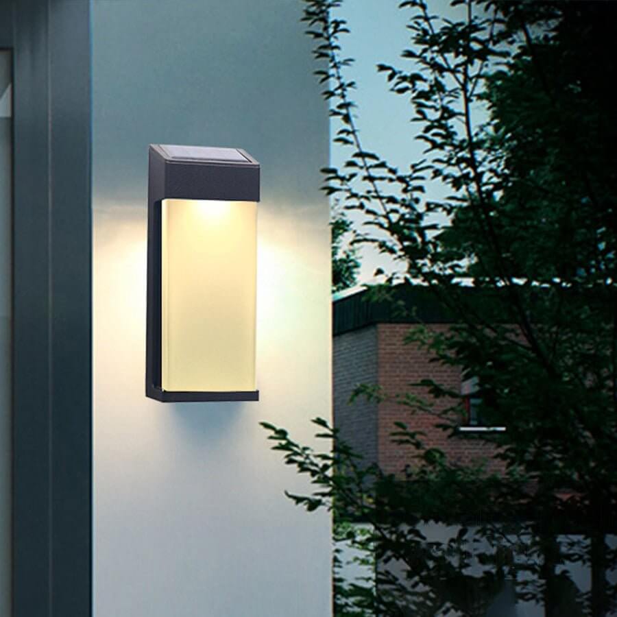 set of 2 contemporary solar led wall lights with durable glass for outdoor gardens