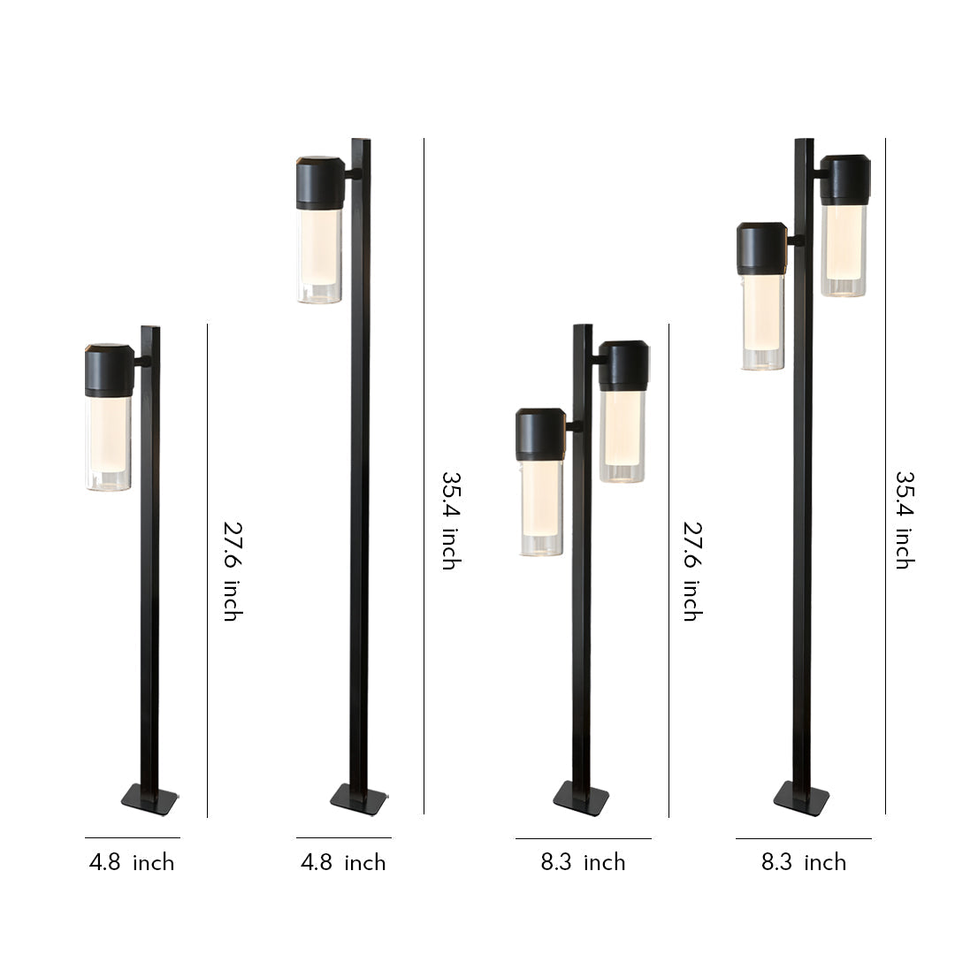 Contemporary Outdoor Path Light — Black Aluminum, Clear Glass, LED Ra90, IP65, Single or Double-Head, 27.6" or 35.4"