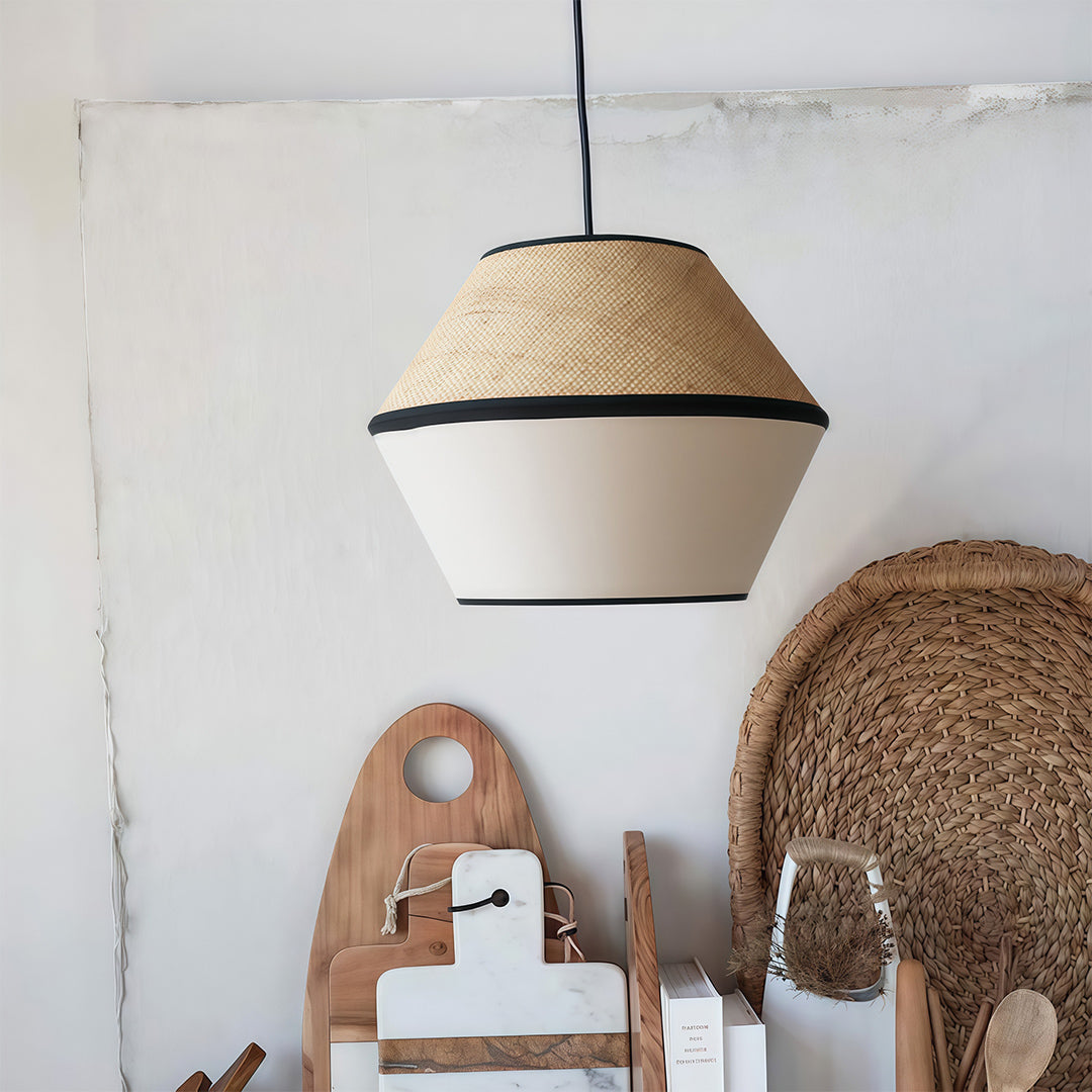 Wabi-Sabi Raffia & Fabric Pendant Light — Natural Rattan, 7W LED, 51.2" Adjustable Chain