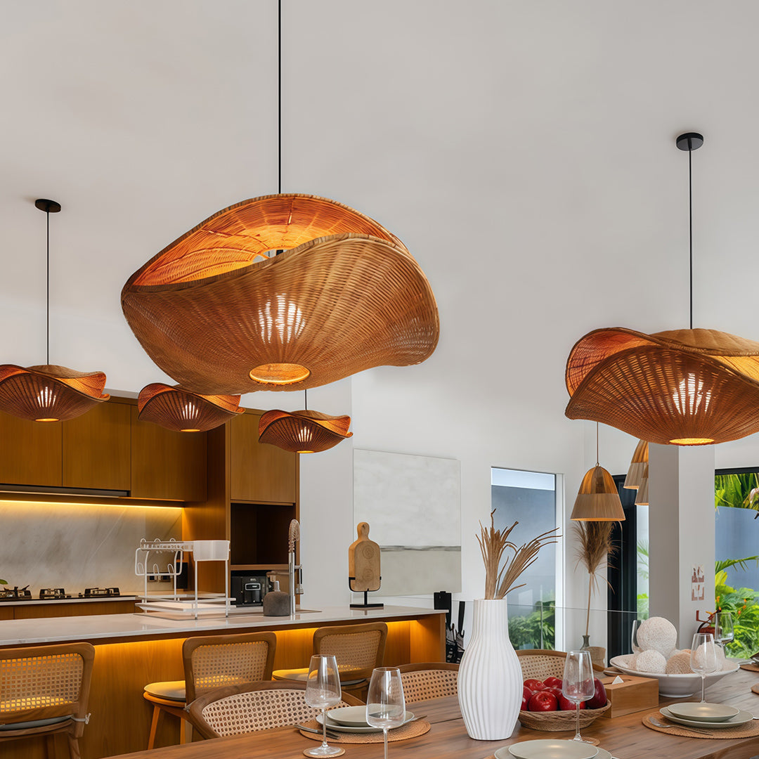 Wabi-Sabi Rattan Pendant Light — Hand-Woven, Iron Frame, 59.1" Adjustable Chain