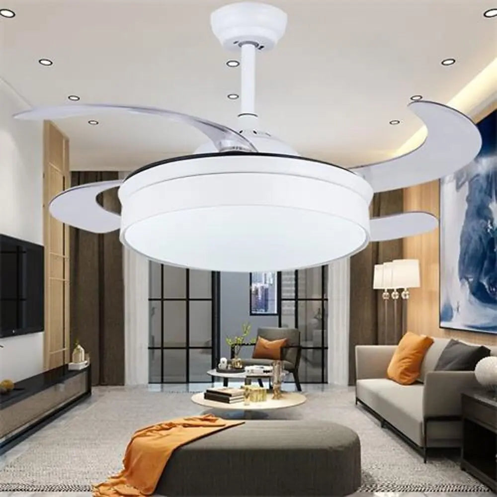 Nordic Retractable Ceiling Fan with Lights - 15/19-Inch Round Drum Shape LED Design Luxe