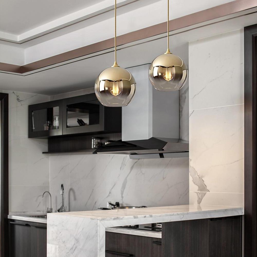 Glass Globe Mini Pendant — Modern Industrial, LED, 3-Step Dimming, 3000K/4500K/6000K, 8"/10"/12", Gold or Silver