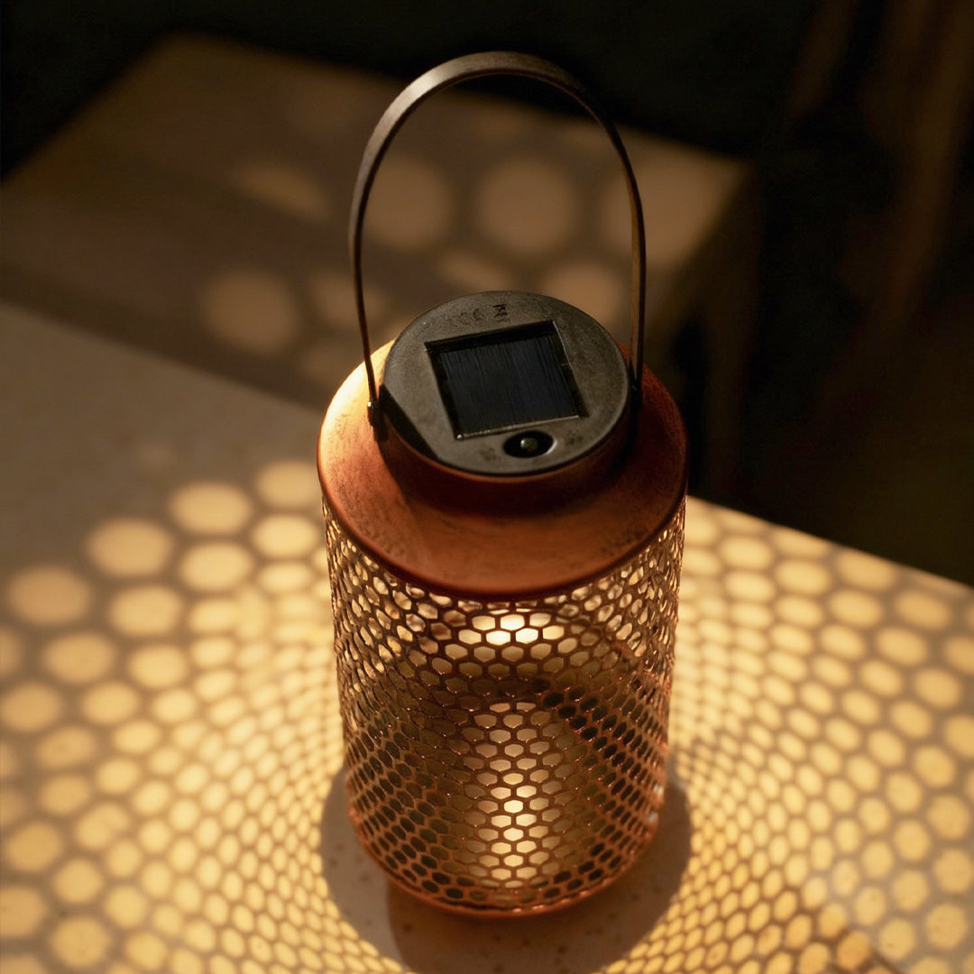 Retro Iron Art Portable Solar Lantern — Copper, Perforated, 0.5W LED, 600mAh, IP54