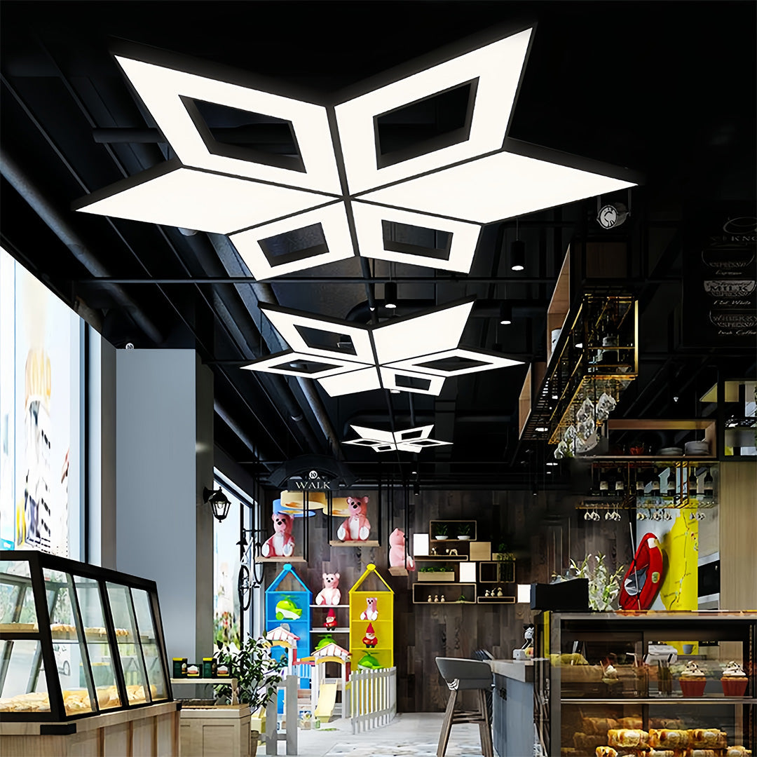 Multi-Diamond Geometric Chandelier — Black Iron, Adjustable Chain, White Acrylic Shade