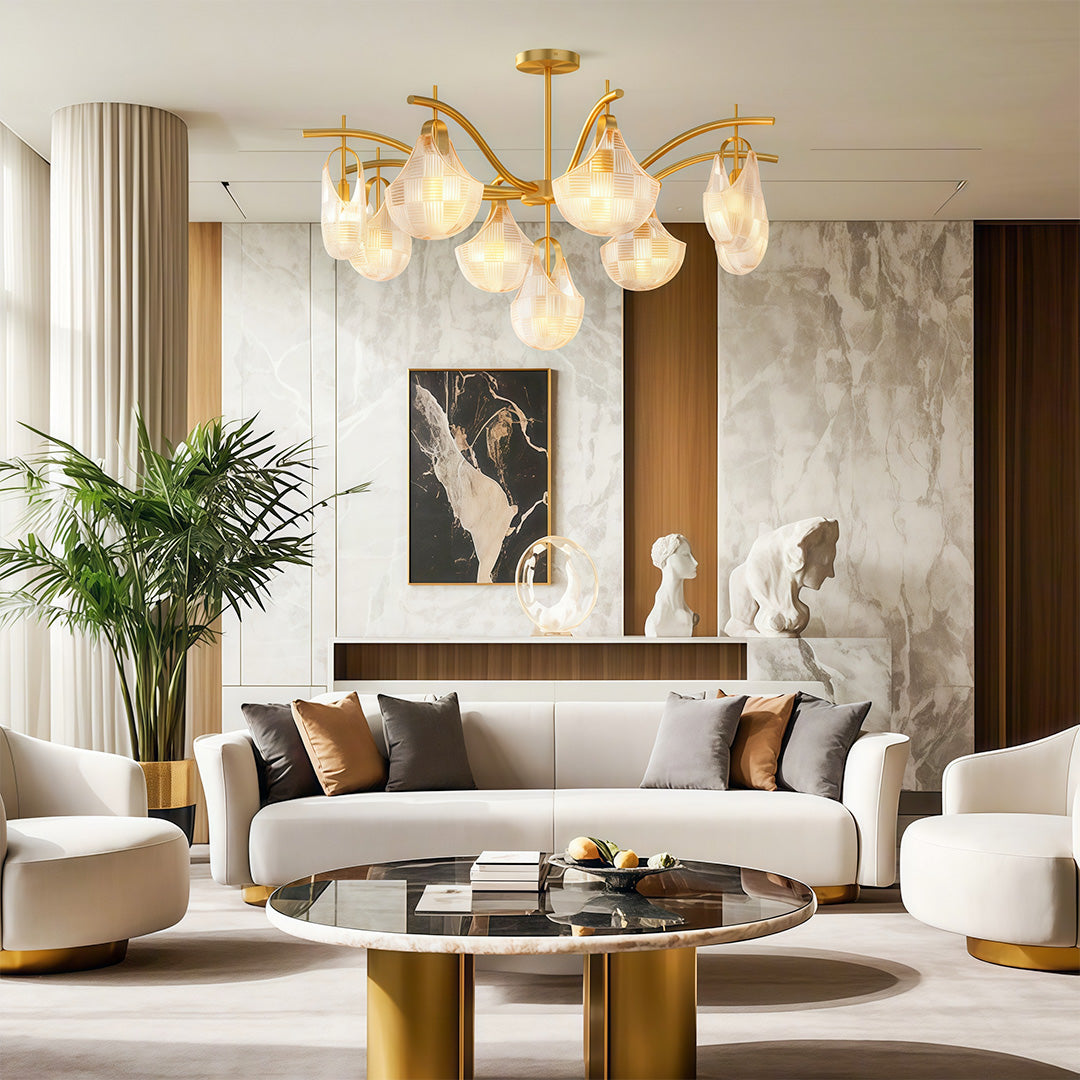 Shell Chandelier — Seashell Glass Shades, Full Copper Frame, G9, 3/7/9/16-Light, Copper / Chrome / Black