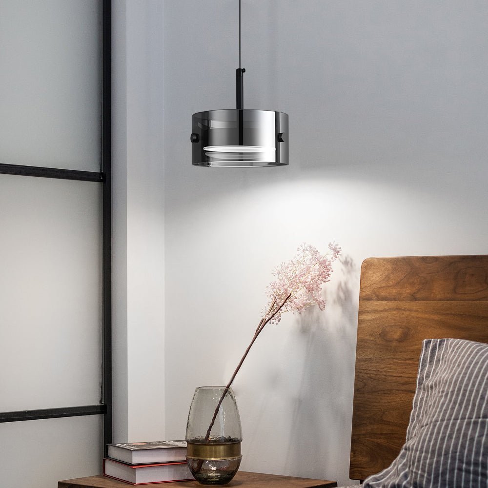 Smoke Gray Cylinder Glass Mini Pendant — Modern, 12W LED, 3-Step Dimming, 3000K/4500K/6000K, Hardwired