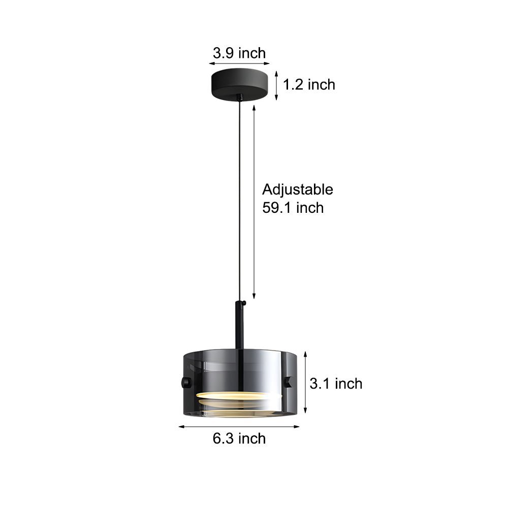 Smoke Gray Cylinder Glass Mini Pendant — Modern, 12W LED, 3-Step Dimming, 3000K/4500K/6000K, Hardwired