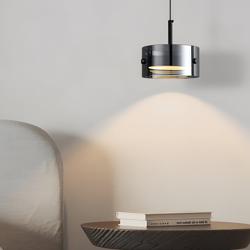 Smoke Gray Cylinder Glass Mini Pendant — Modern, 12W LED, 3-Step Dimming, 3000K/4500K/6000K, Hardwired