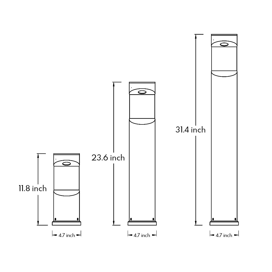 Minimalist One-Way Bollard Light — Die-Cast Aluminum, 8W CREE LED, 3000K, IP65, 30cm / 60cm / 80cm