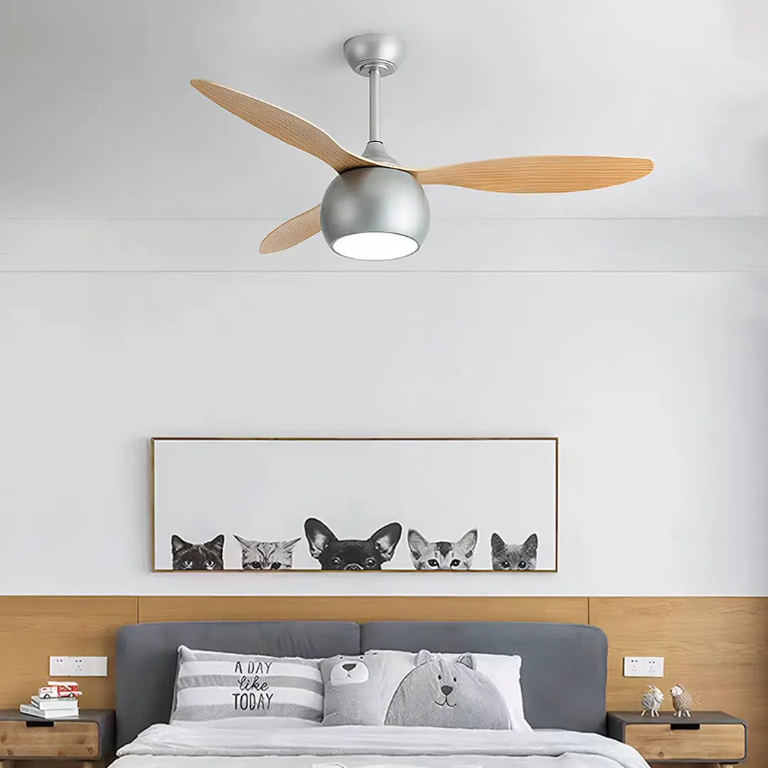LED Ceiling Fan with Light in Silver and Light Wood Grain Finish Luxe