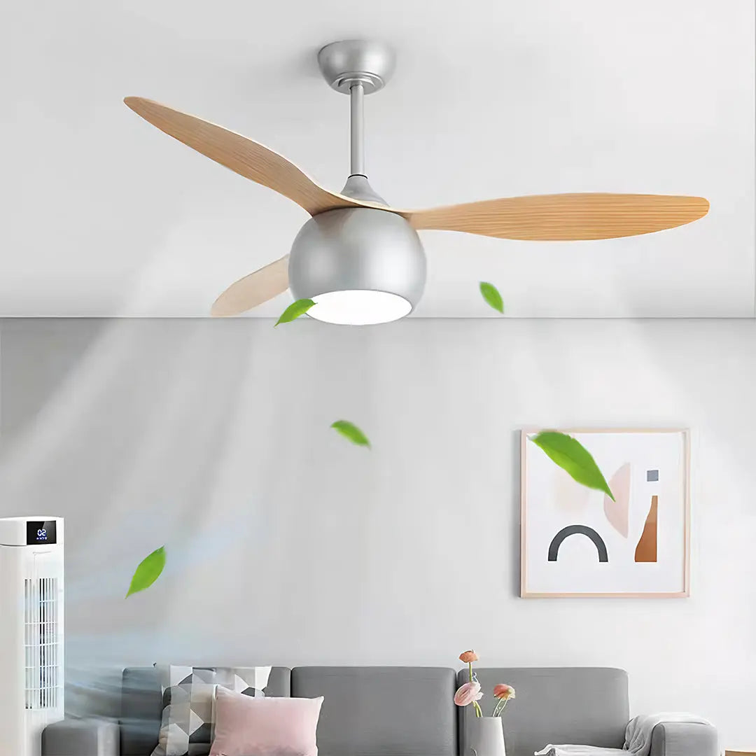 LED Ceiling Fan with Light in Silver and Light Wood Grain Finish Luxe