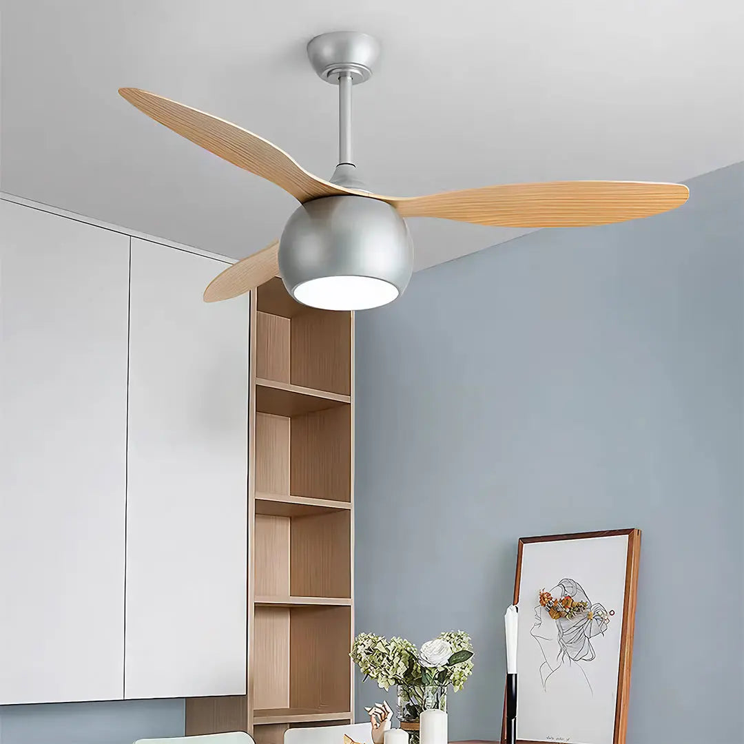 LED Ceiling Fan with Light in Silver and Light Wood Grain Finish Luxe