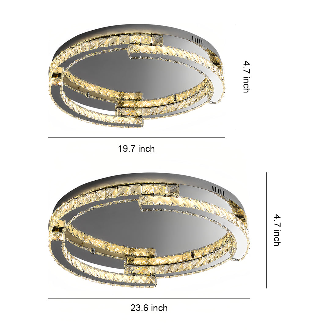 Round Crystal LED Flush Mount — Stainless Steel, Silver, 50W / 60W, Three-Color Dimming, CRI 95