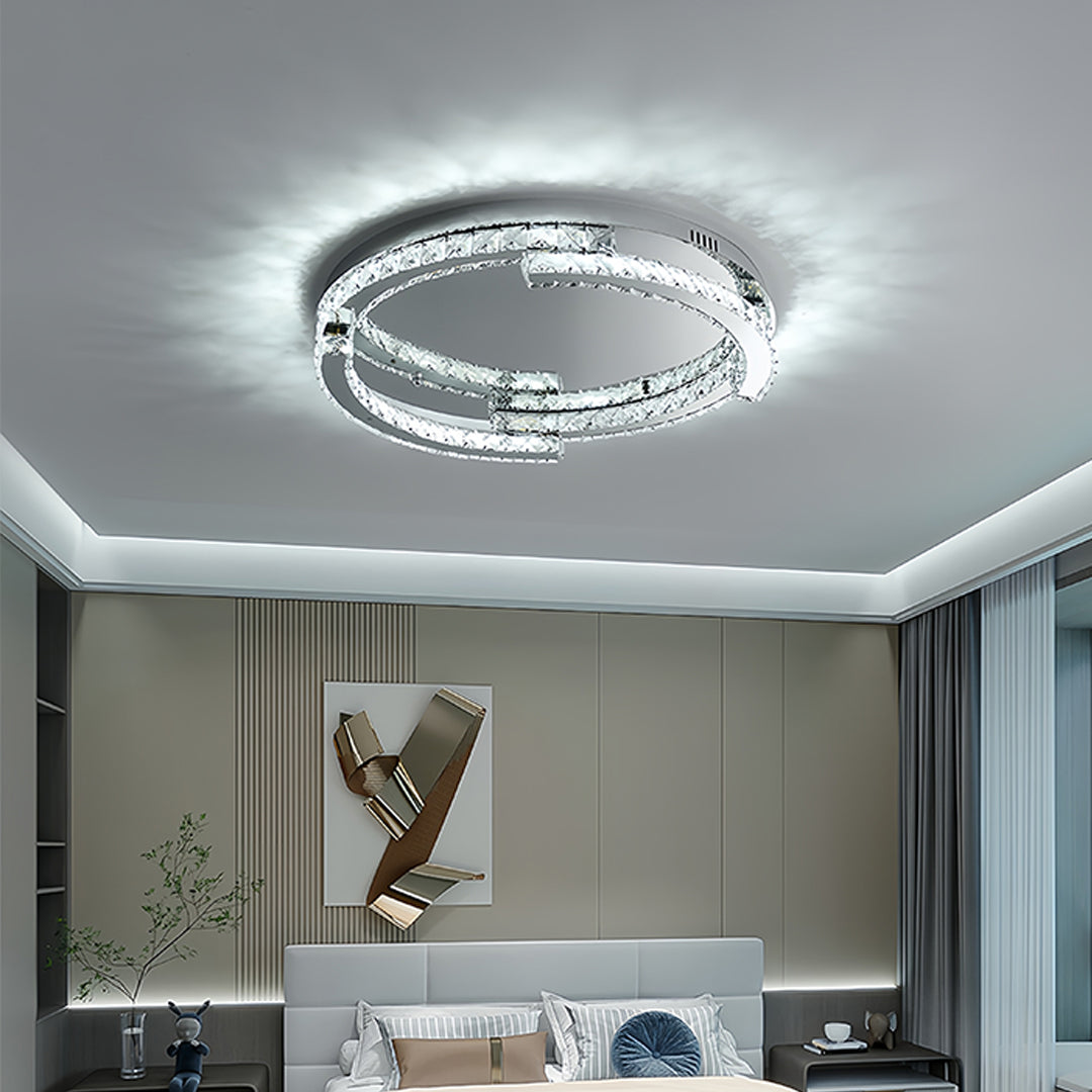 Round Crystal LED Flush Mount — Stainless Steel, Silver, 50W / 60W, Three-Color Dimming, CRI 95