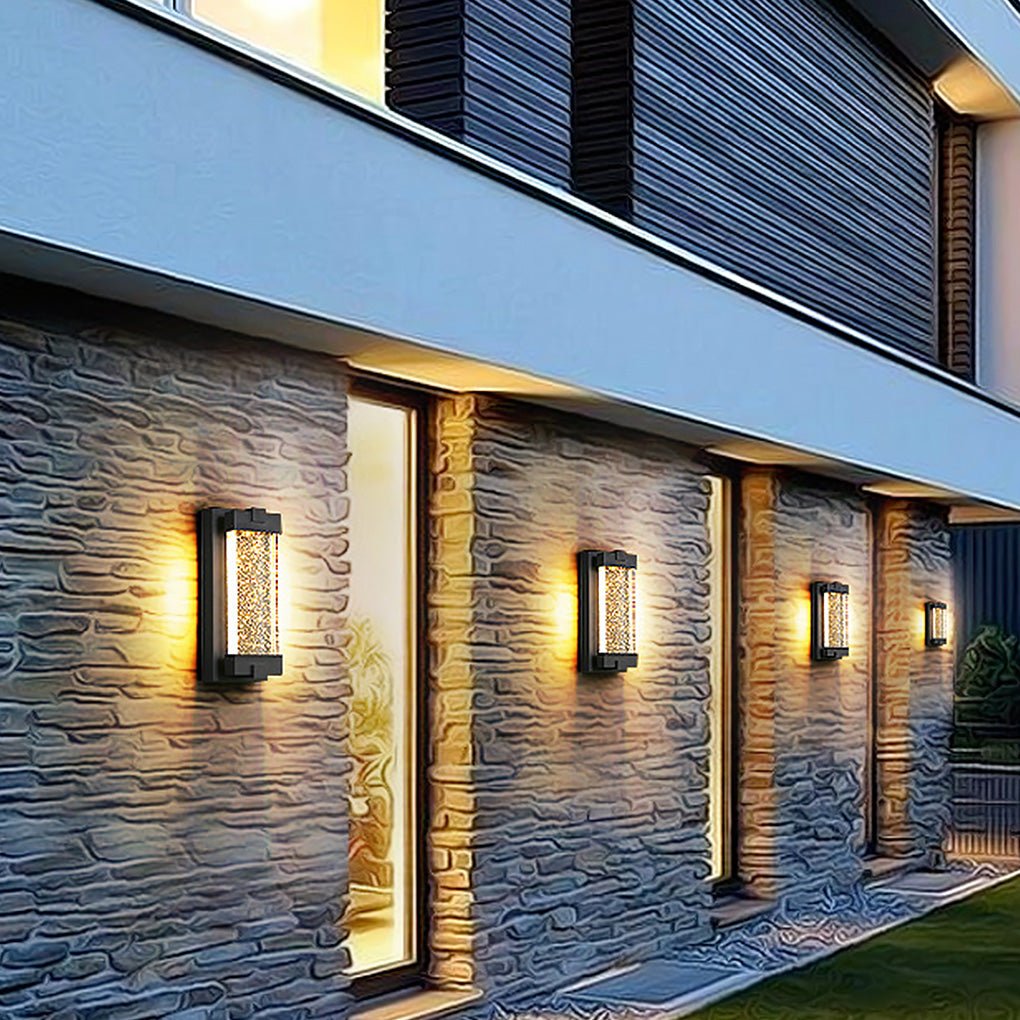 Rectangular Bubble Crystal Outdoor Wall Sconce — Black Die-Cast Aluminum, COB, Waterproof
